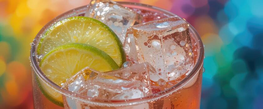 Sweet Pink Drink with Lime and Glitter Ice Cubes Bokeh Background Horizontal photo