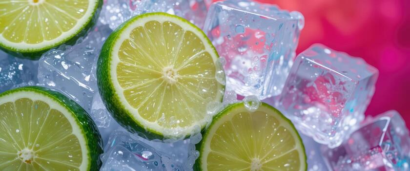 Vivid Lime Slices and Ice Cubes with Abstract Pink Background Horizontal photo