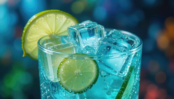 Electric Blue Drink with Lime Slices and Ice Cubes Horizontal View photo