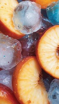 Overhead View of Peaches and Unique Ice Cubes Vertical Composition photo
