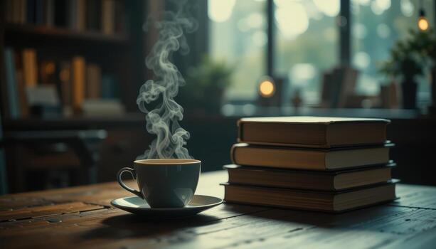 Coffee and books on a table photo