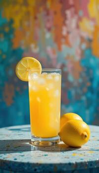 A glass of lemonade with a slice of lemon on a table photo