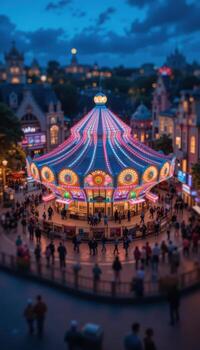 A carousel in a city at night with people walking around photo