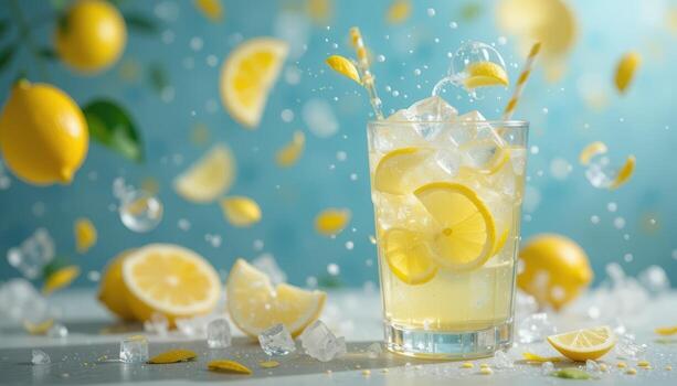 Lemonade with ice and lemon slices on blue background photo