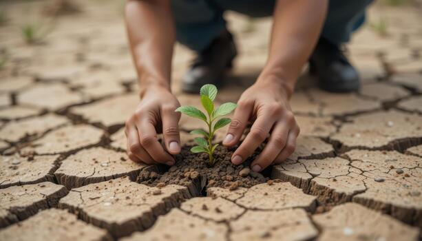Man planting a tree in dry land photo