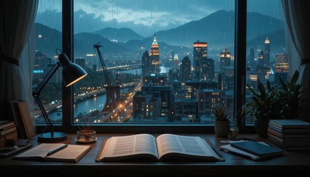 A book and lamp on a desk in front of a window with a city view photo