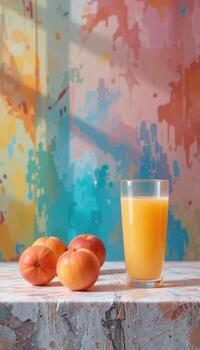 A glass of orange juice and two peaches on a table photo