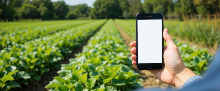 A farmer holding a smartphone in a field with a crop photo