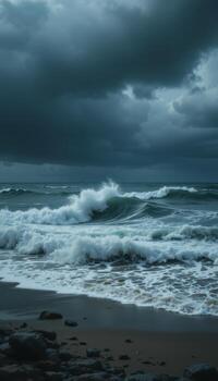 Stormy ocean waves crashing on the shore photo