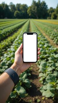 A person holding a blank smartphone with a green field in the background photo
