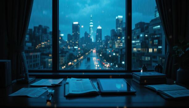 A desk with a laptop and papers on it in front of a window photo