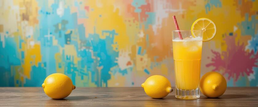 A glass of lemonade with lemons on a table photo