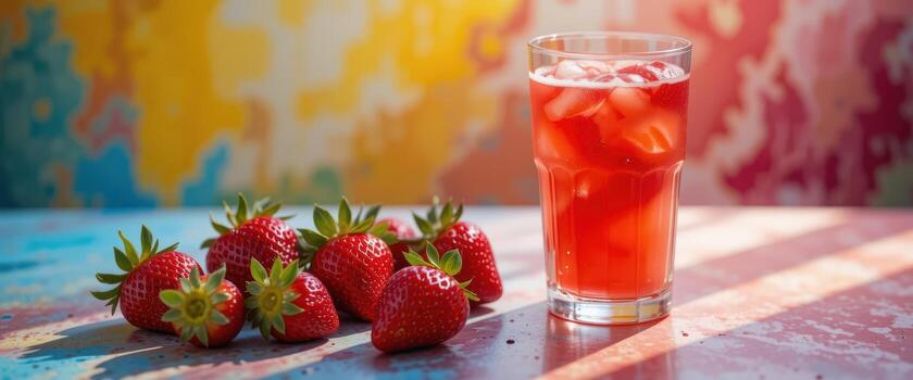 A glass of strawberry juice with a strawberry on the table photo