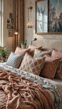 un lujoso y acogedor dormitorio con un formación de estampado almohadas en el cama foto