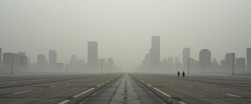 A man and woman walking down an empty road in the fog photo