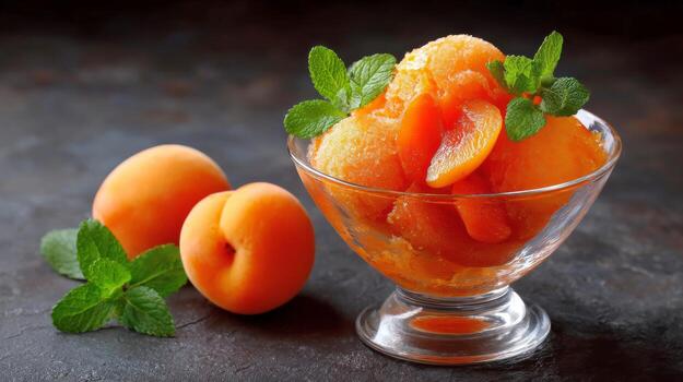 Apricot sorbet in a glass bowl photo