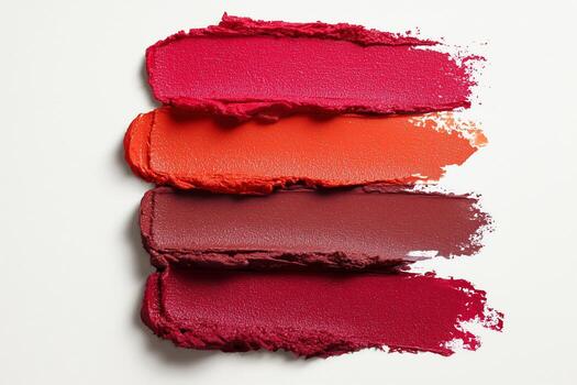 lipstick swatches, magenta, orange, plum, deep red, are layered on a white background photo