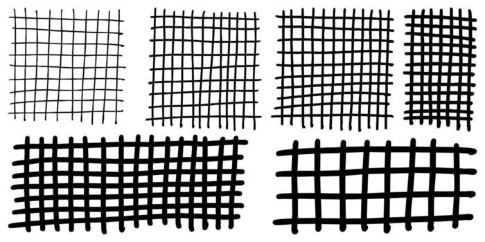 collection of hand drawn grid patterns with varying thickness and distortion. This abstract crosshatch texture set is ideal for backgrounds, textiles, graphic design elements, or artistic overlays. vector