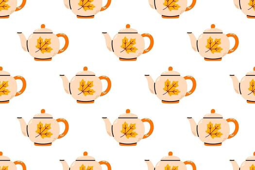 Cozy repeating pattern featuring cream teapot with maple leaf for seasonal design vector