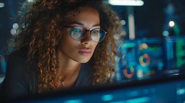 software ingeniero trabajando en computadora en supervisión habitación con analítica alimentar demostración en múltiple muestra foto