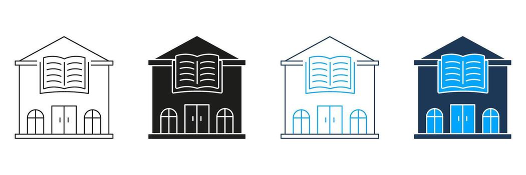 Library Building With Open Book Line And Solid Icon Set. Knowledge, Education, And Learning Center Symbol Collection. Academic Institution Representation. Isolated Illustration vector