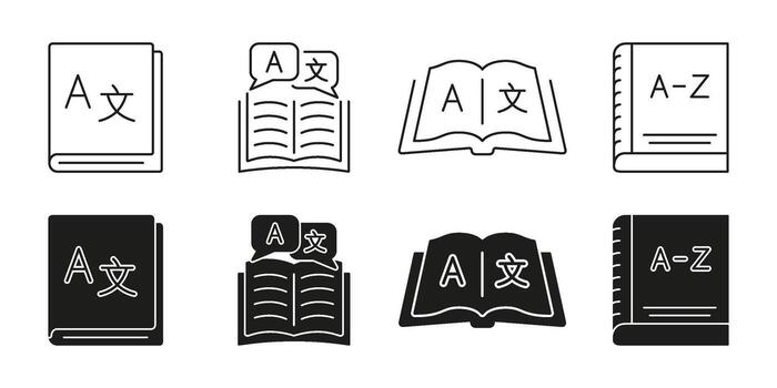 Language Learning And Translation Tools. Language Translation And Dictionary Line And Solid Icon Set. Multilingual Communication And Lexicon Symbol Collection. Isolated Illustration vector