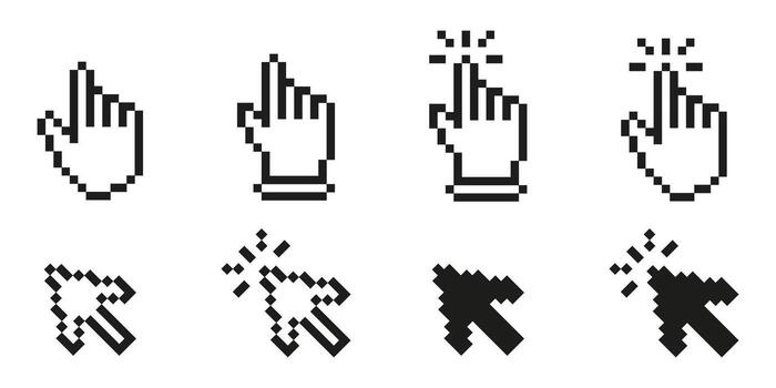 Pixel Art Cursor And Hand Click Icon Set. Digital Interaction And Navigation Symbol Collection. Retro Style Mouse Pointer And Hand Gesture For User Interface Design. Isolated Illustration vector
