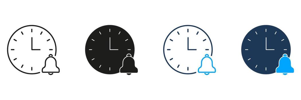 reloj con campana línea y sólido icono colocar. hora gestión, alarma notificación, y recordatorio alerta símbolo recopilación. eficiente Planificación y tarea organización. aislado ilustración vector