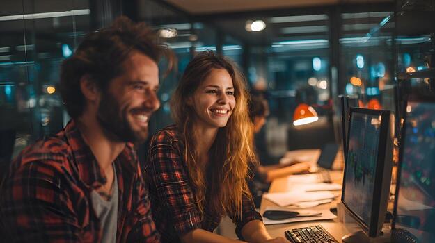 Programmers working late night enjoying coding and programming photo