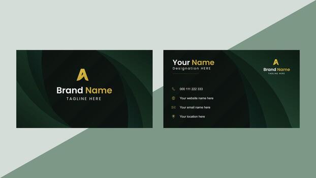 Professional business card background with dark green layered curves and gold accents ideal for elegant branding and corporate identity templates in print or digital use vector