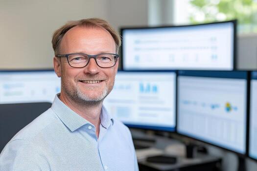 Man with Glasses Smiling in Front of Multiple Computer Monitors Displaying Data. photo
