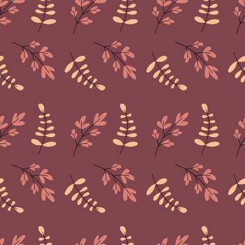 Seamless pattern with delicate autumn branches and leaves in soft yellow and peach on a warm burgundy background. Ideal for textiles, wrapping paper, and seasonal decor. vector