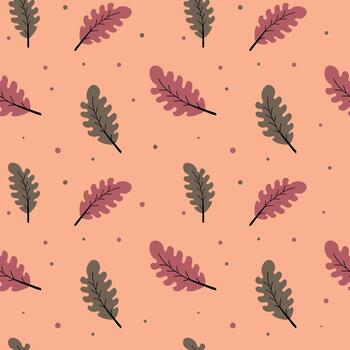 sin costura modelo con estilizado roble hojas en polvoriento rosado y gris pardo en un suave melocotón fondo, acentuado con dispersado puntos ideal para otoño envase papel, textiles, y estacional decoración. vector