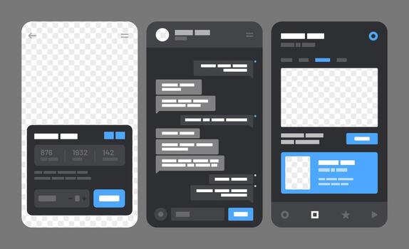 Mobile app concept for social media, online store, hotel reservation. Wireframes screens. Flowchart with UI Kitelements. vector