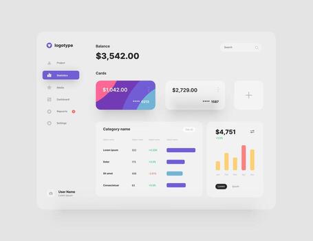 Dashboard design. Desktop app with UI elements. Use for web application or website. vector