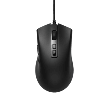 Modern black wired gaming computer mouse with multiple buttons and scroll wheel top view isolated png