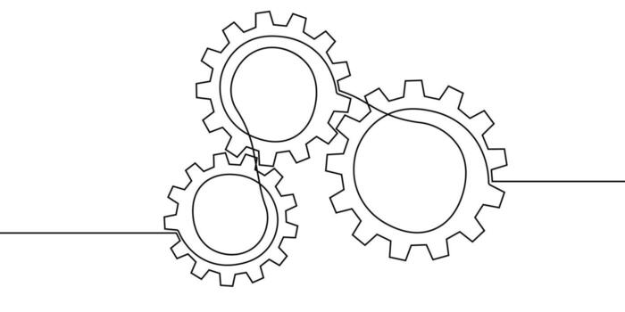 continuo engranaje línea Arte uno icono diente trabajo negocio fábrica rueda. línea engranaje continuo ajuste contorno computadora rueda dentada tecnología bosquejo dibujo Ciencias carrera máquina cerebro antecedentes. vector