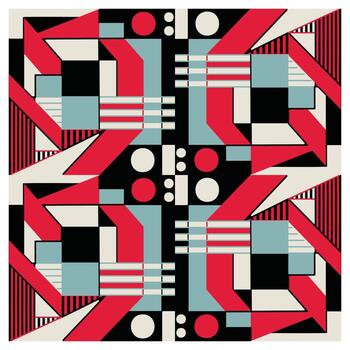 resumen geométrico diseño presentando negrita rojo, negro, verde azulado, y crema formas, con intersectando líneas y circular elementos, sin costura impresión diseño. vector