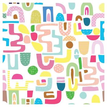 A colorful abstract pattern featuring various shapes, including arches and circles, in playful pastel hues on a white background, seamless surface design. vector