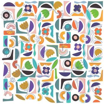 Colorful abstract pattern featuring various shapes, flowers, and leaves in vibrant hues on a white background, repeat surface design. vector