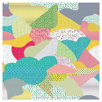 un vibrante resumen collage de vistoso formas y patrones, presentando puntos, líneas, y texturas en un juguetón diseño. vector