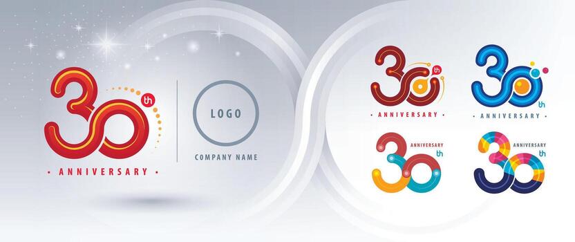 Set of 30th Anniversary logotype design, Thirty years Celebrate Logo. Abstract Infinity Rounded number 30, Colorful loop logos geometric polygon, connect, atom molecule, bubble, machine vector