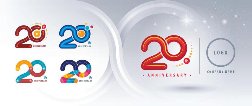 Set of 20th Anniversary logotype design, Twenty years Celebrate Logo. Abstract Infinity Rounded number 20, Colorful loop logos geometric polygon, connect, atom molecule, bubble, machine vector