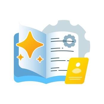 illustration of open book with gear icon. systematic learning, structured education, knowledge management, and technology-based training. for online courses, e-learning platforms vector