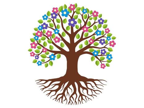 Trees and root with green leaves, flowers look beautiful and refreshing. Tree and roots LOGO style. illustration flat design style. vector