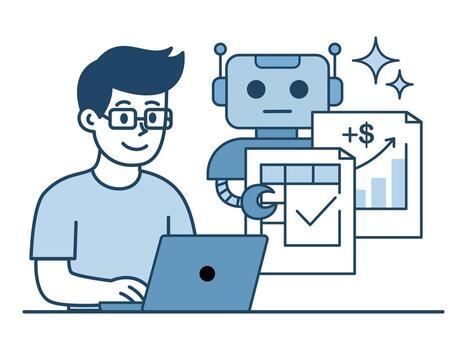 Human and AI Collaboration in Business. A man and a robot work together on a laptop, representing the synergy of human and artificial intelligence to boost business productivity. vector