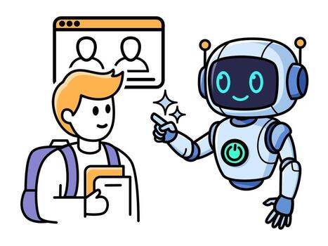 AI in Education. A student with a backpack interacting with a friendly AI robot. The image represents the concept of artificial intelligence as a personal tutor or assistant in modern education. vector