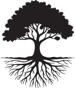 Silhouette of a Majestic Tree with Spreading Branches and Intricate Root System Symbolizing Growth and Connection to Nature vector