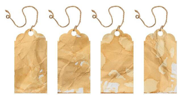 Vintage tags made of paper stained with coffee or tea. Each tag has unique marks and an uneven surface, hung on a string. photo