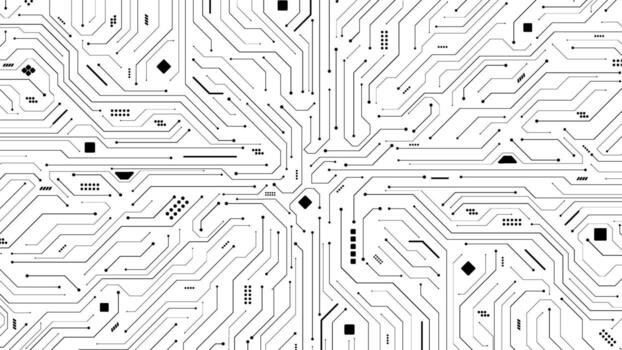 circuit board, motherboard wire or connection paths in black with electronic elements for background template vector